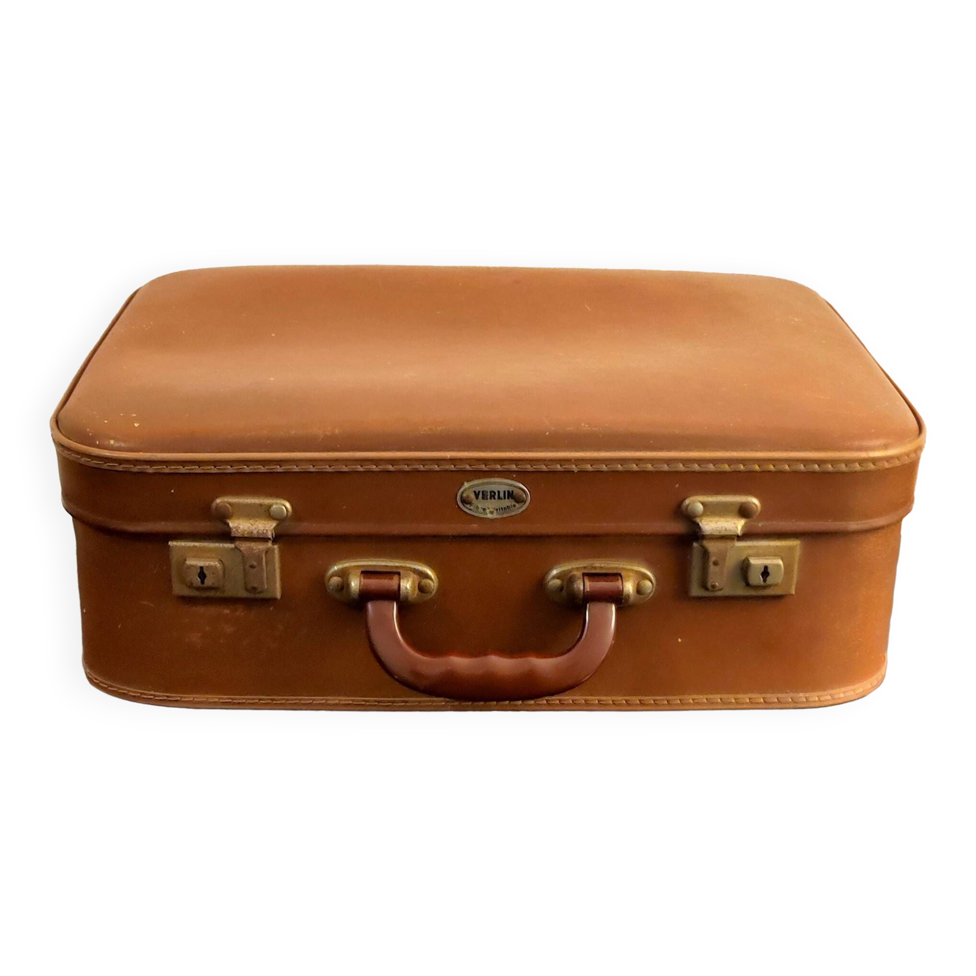 Valise ancienne en fibres vulcanisées & bakélite "Verlin" 1960