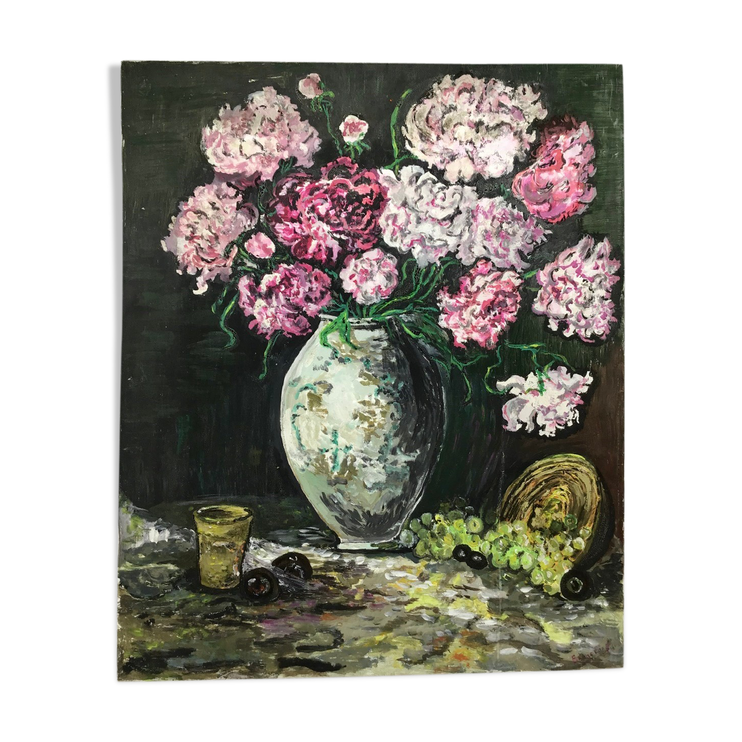 Painting, still life with carnations, glass and basket of grapes, signed, 70s/80s