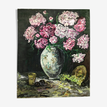 Painting, still life with carnations, glass and basket of grapes, signed, 70s/80s