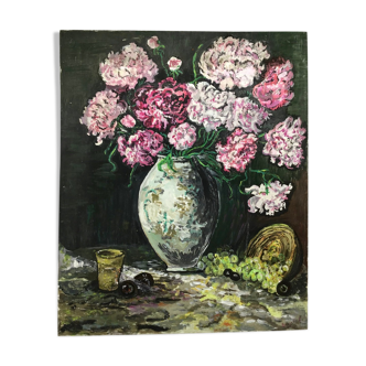 Painting, still life with carnations, glass and basket of grapes, signed, 70s/80s