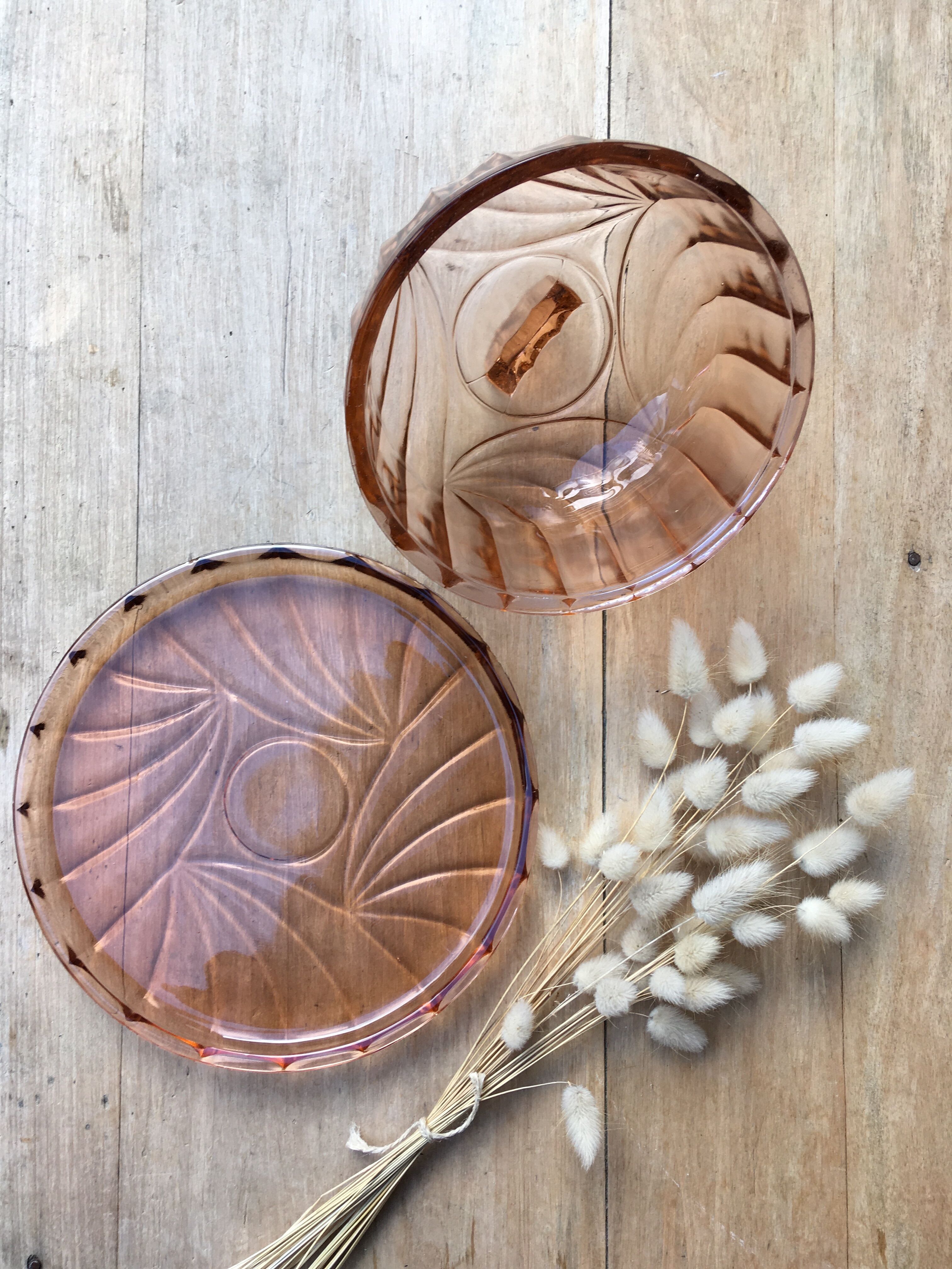 Pink glass bell with tray