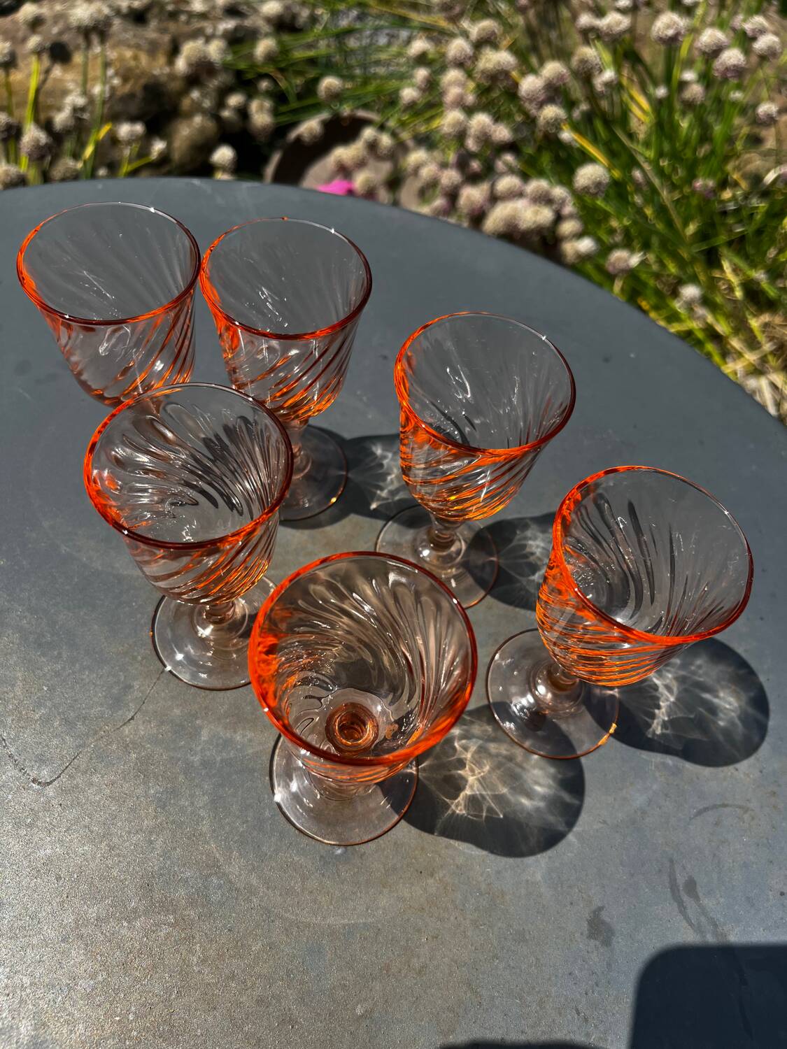 6 antique Rosaline liqueur glasses – vintage pink glass – 50s/60s
