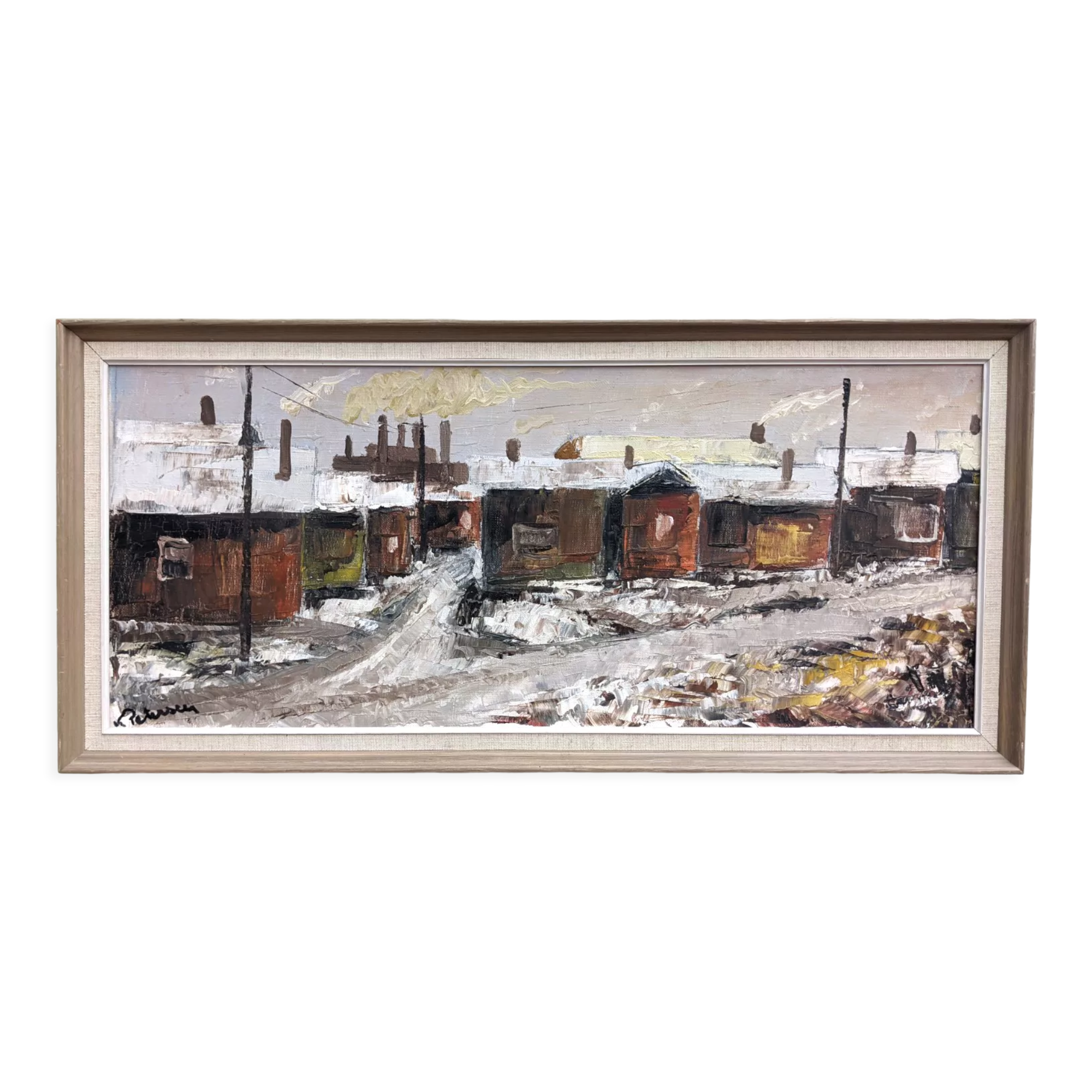 Mid-Century Modern Swedish "Chimneys" Vintage Winter Street Scene Oil Painting, Framed