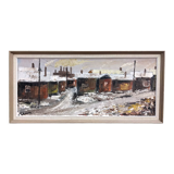 Mid-Century Modern Swedish "Chimneys" Vintage Winter Street Scene Oil Painting, Framed