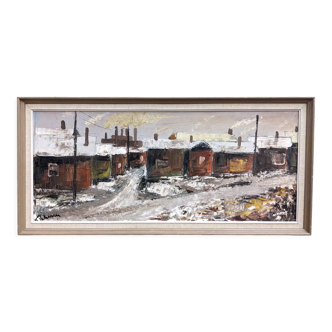 Mid-Century Modern Swedish "Chimneys" Vintage Winter Street Scene Oil Painting, Framed