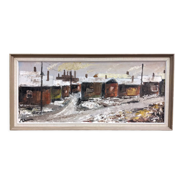 Mid-Century Modern Swedish "Chimneys" Vintage Winter Street Scene Oil Painting, Framed