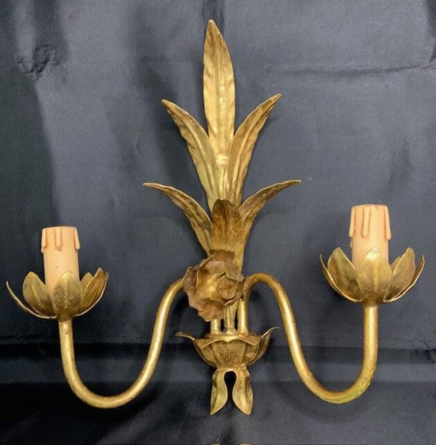 Wall lamp 2 lights golden metal design flower Rose style Italy