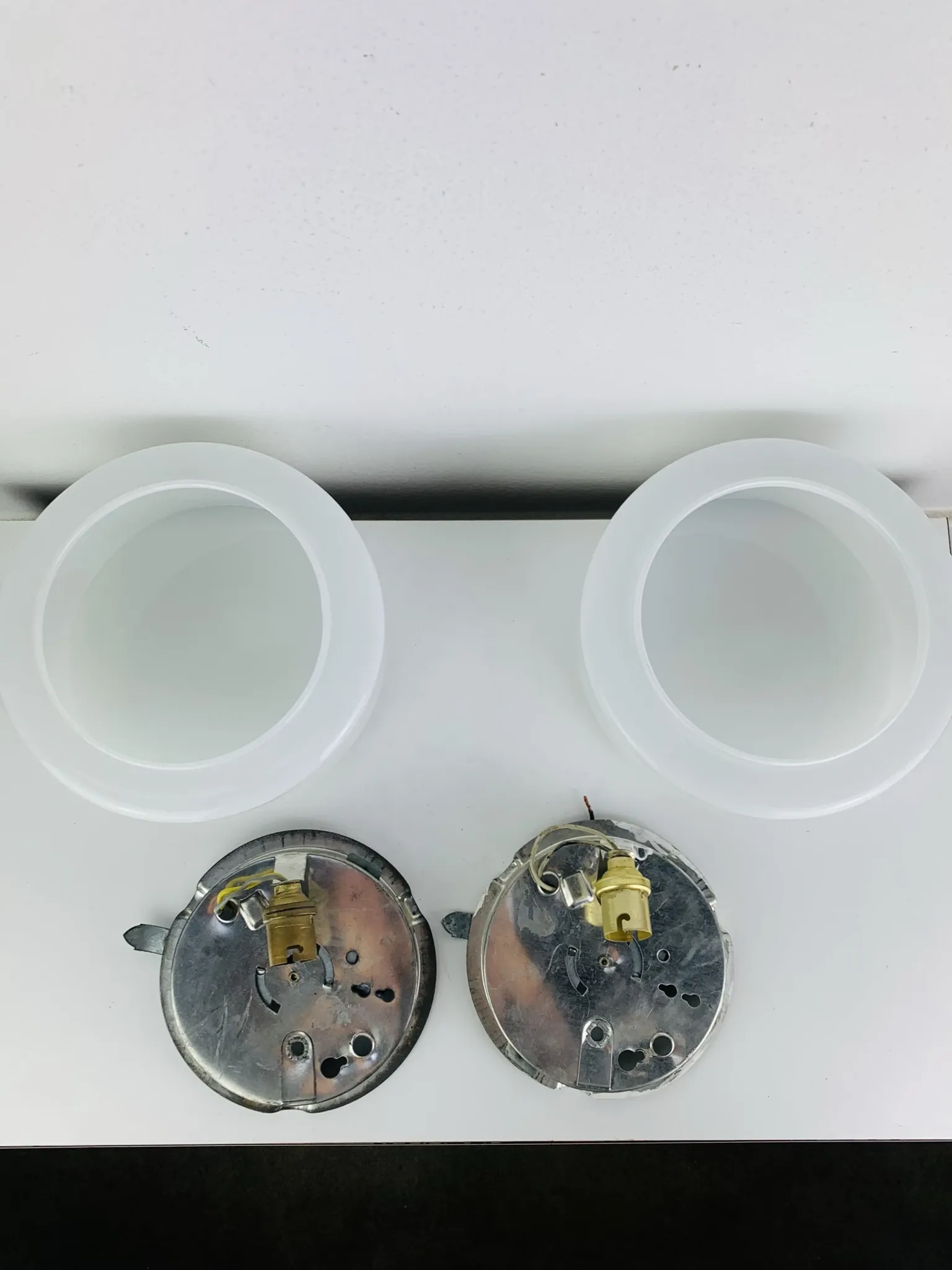 Pair of round opaline wall lights from the 50s/60s, ceiling lights.
