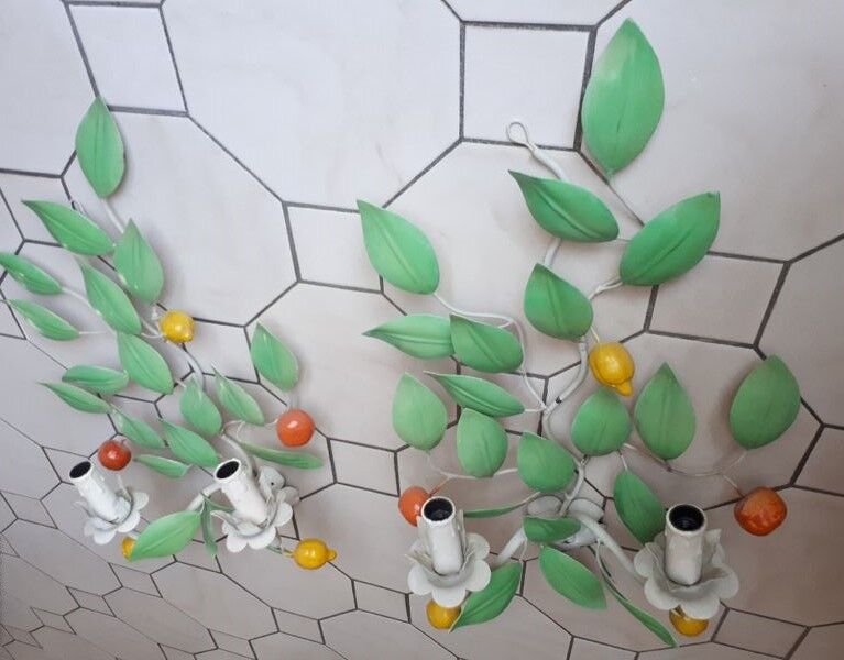 Pair of 70s tole foliage lemon clementine fruit wall lights