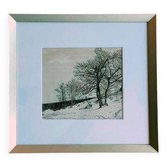 Painting signed HUBER - Watercolored Chinese ink - Snow landscape