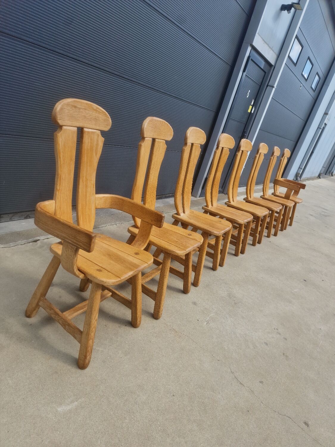 Set of 8 Britalist Oak Chairs from De Puydt, Belgium 1970s