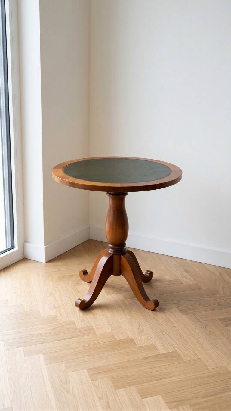 Empire style gueridon in solid wood and green leather.