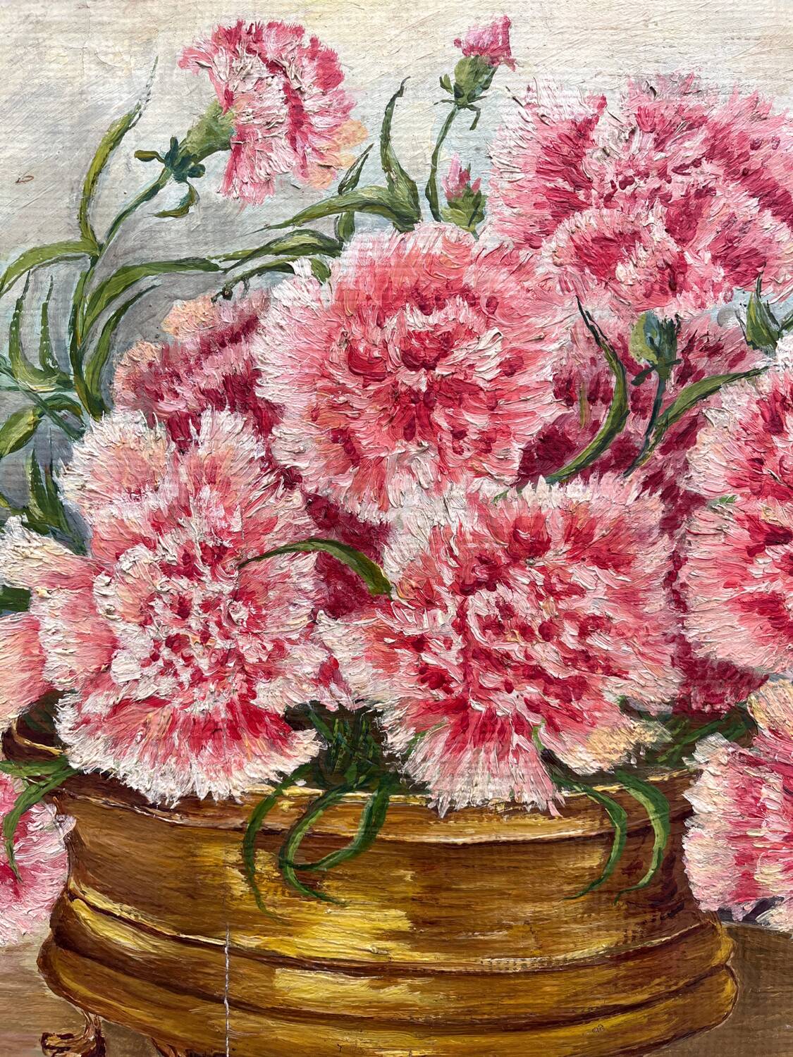 Antique oil painting on cardboard, bouquet of carnations, signed and dated 1899