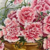 Old oil painting on cardboard bouquet of carnations signed and dated 1899