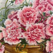 Antique oil painting on cardboard, bouquet of carnations, signed and dated 1899