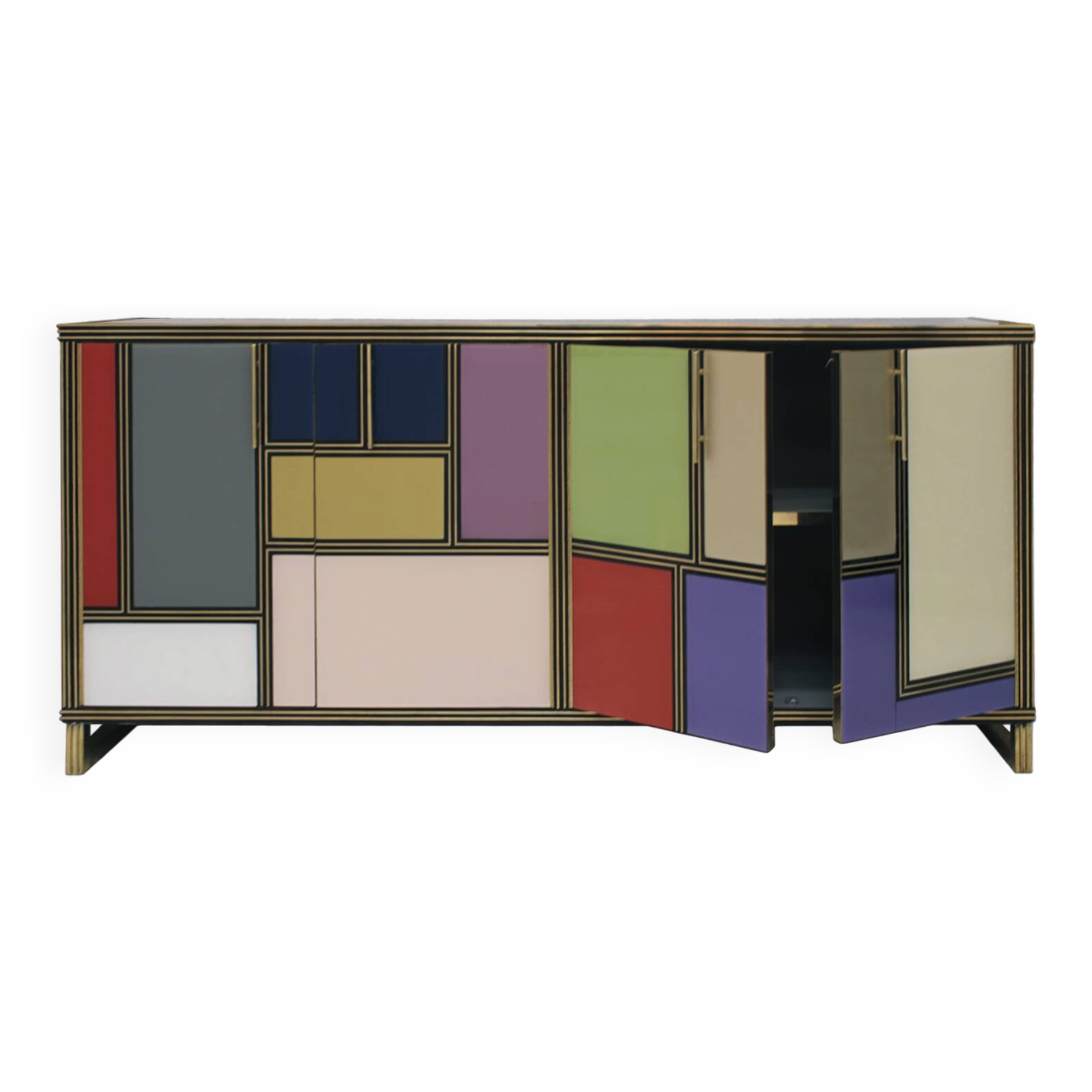 Mid-Century Modern Style Wood Colored Glass and Brass Italian Sideboard