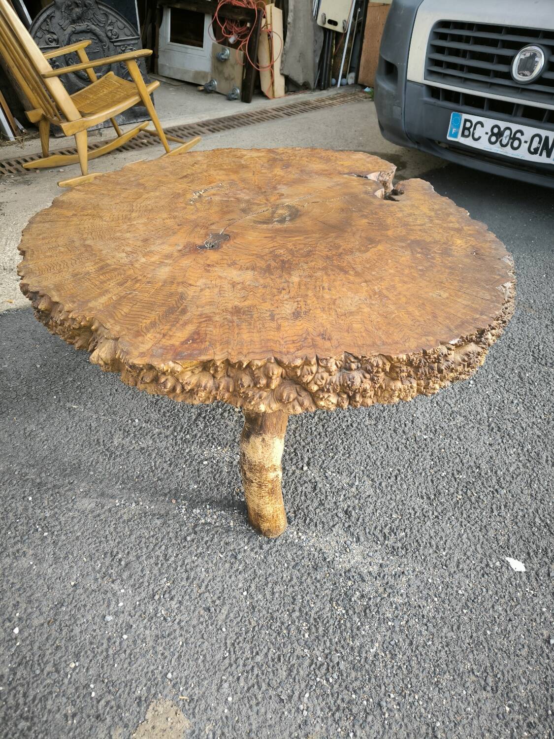 Brutalist coffee table in solid elm burl 108 cm diameter
