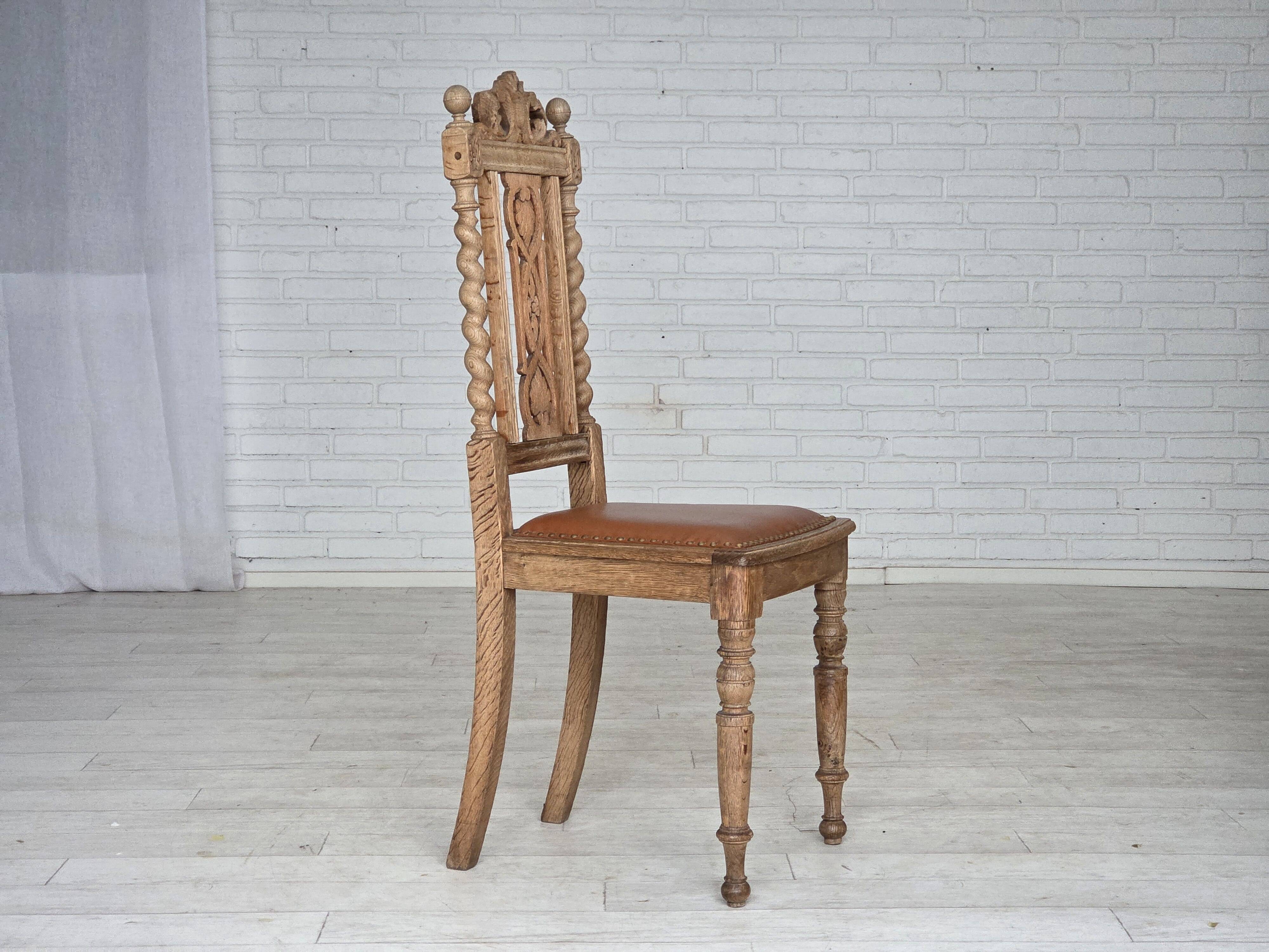 1930s, set of 4 Danish dining chairs, carved oak wood, furniture leather.