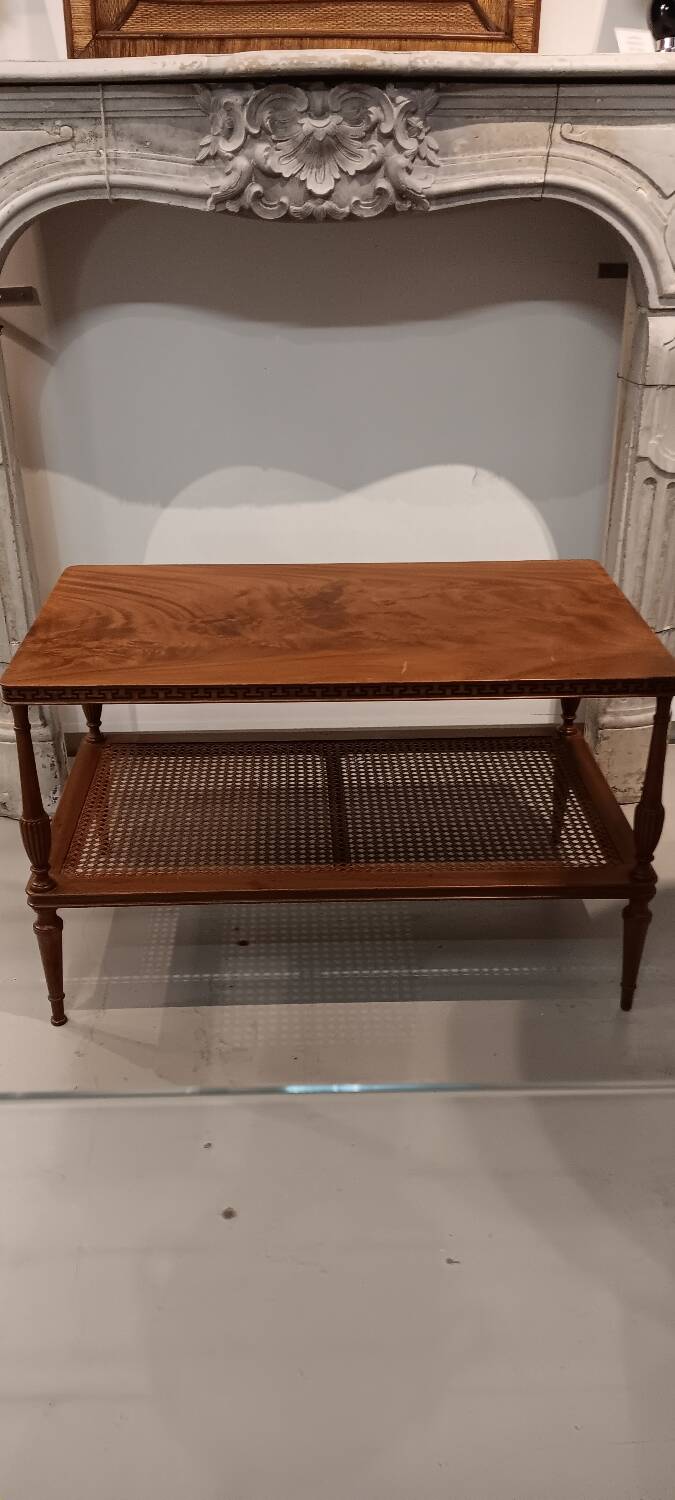Coffee table / side table in mahogany with a rattan shelf.