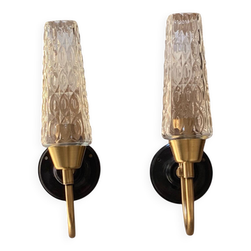Pair of wall sconces in brass with square tulip glass shades.