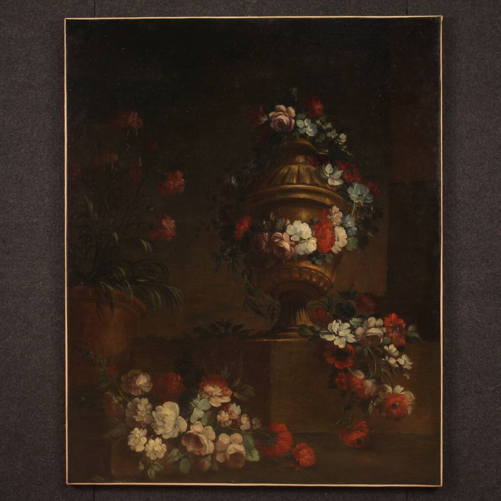Peinture italienne antique nature morte aux fleurs du XVIIIe siècle