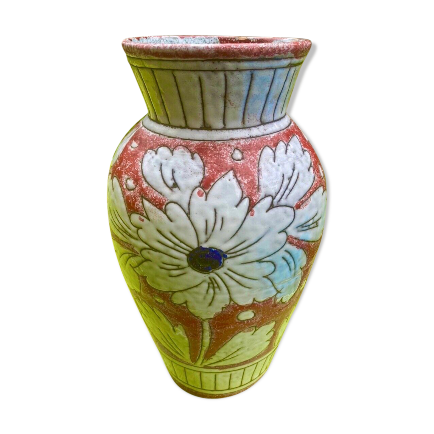 Vase in glazed ceramic decoration of flowers signed below italy - vintage 1950