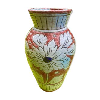 Vase in glazed ceramic decoration of flowers signed below italy - vintage 1950