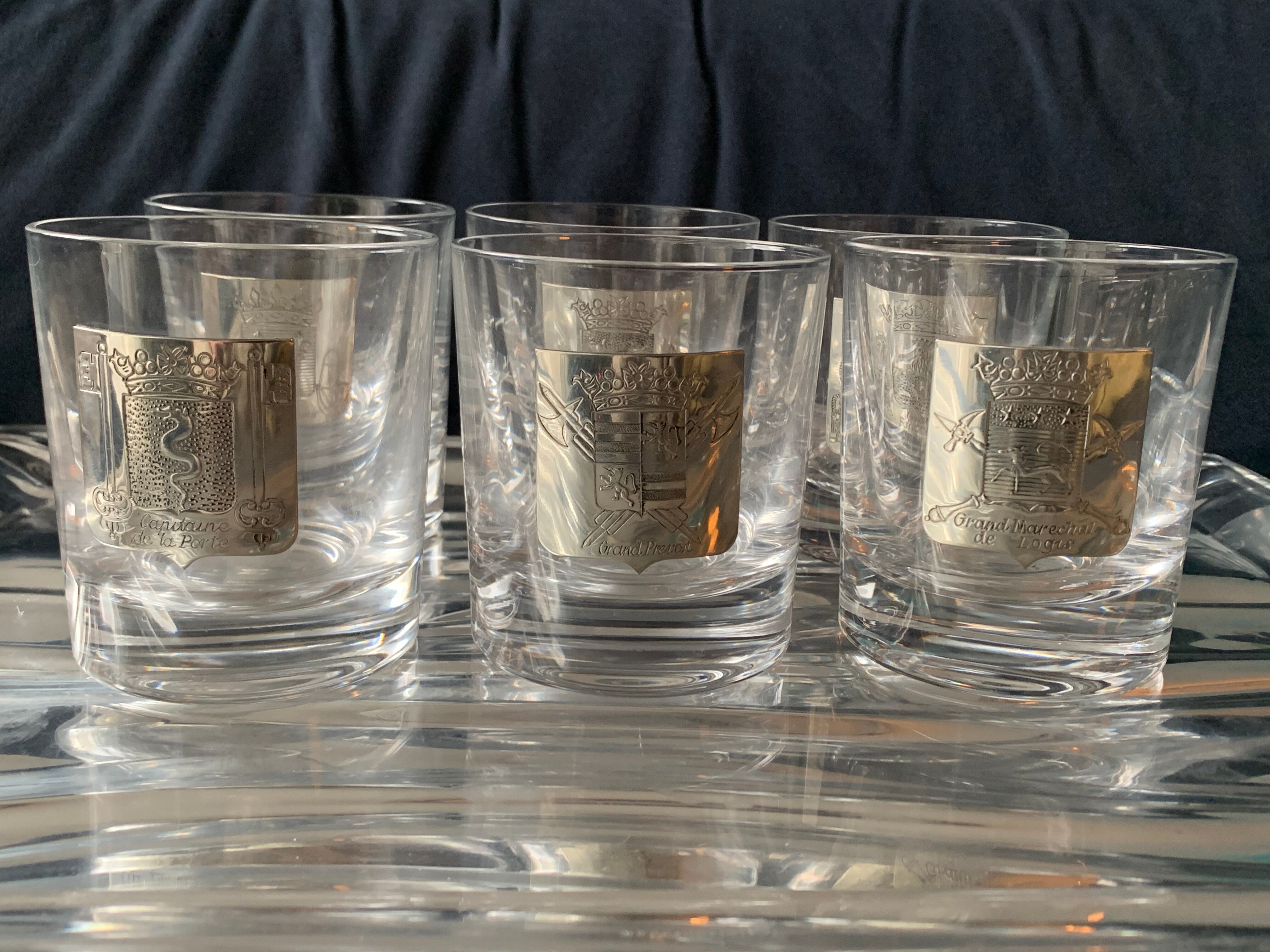 6 crystal whiskey glasses from Sèvres Prévost, Captain, Marshal, Boutelier, Fauconnier and Veneur