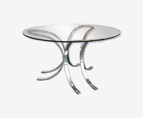 Table basse ronde verre fumé gris et acier chromé, vintage, années 60