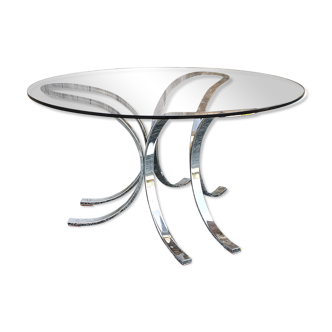 round coffee table grey smoked glass and chrome steel, vintage, 60s