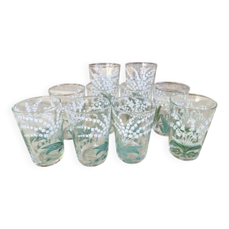 10 Lily of the Valley/Flower Glasses - 2 Large - 8 Medium - Vintage 40s/50s