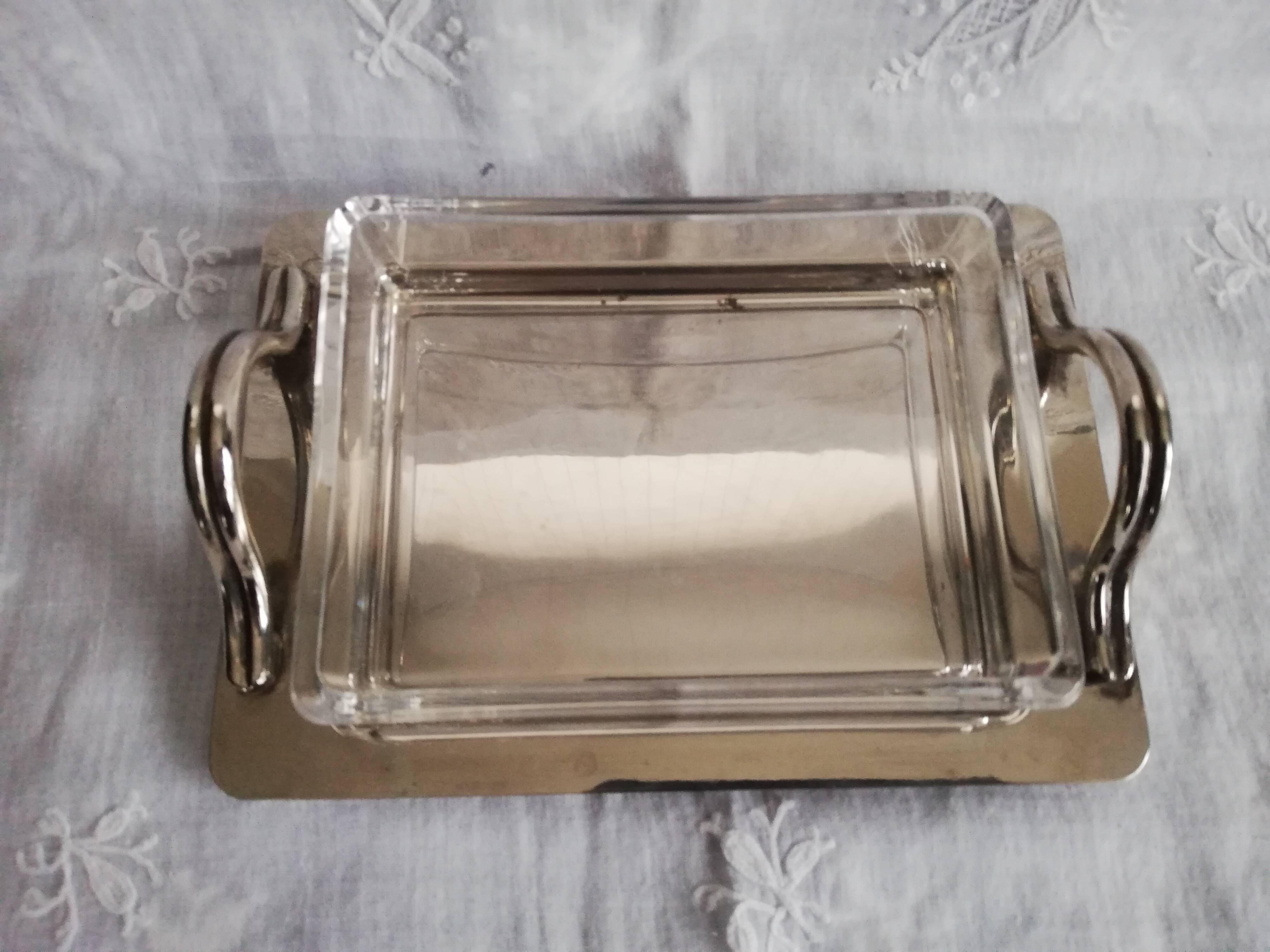 Art deco glass and silver metal butter dish