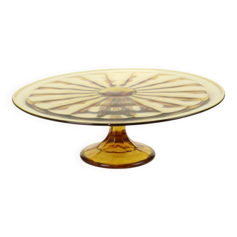 Plat à gâteau Art Déco Ambré Verre Dépression Verrerie Scailmont