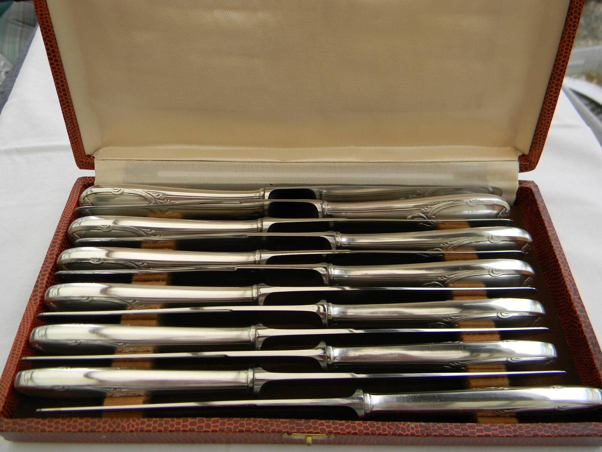 Set of 12 knives silver metal handle stainless steel blade G. VIVIER.