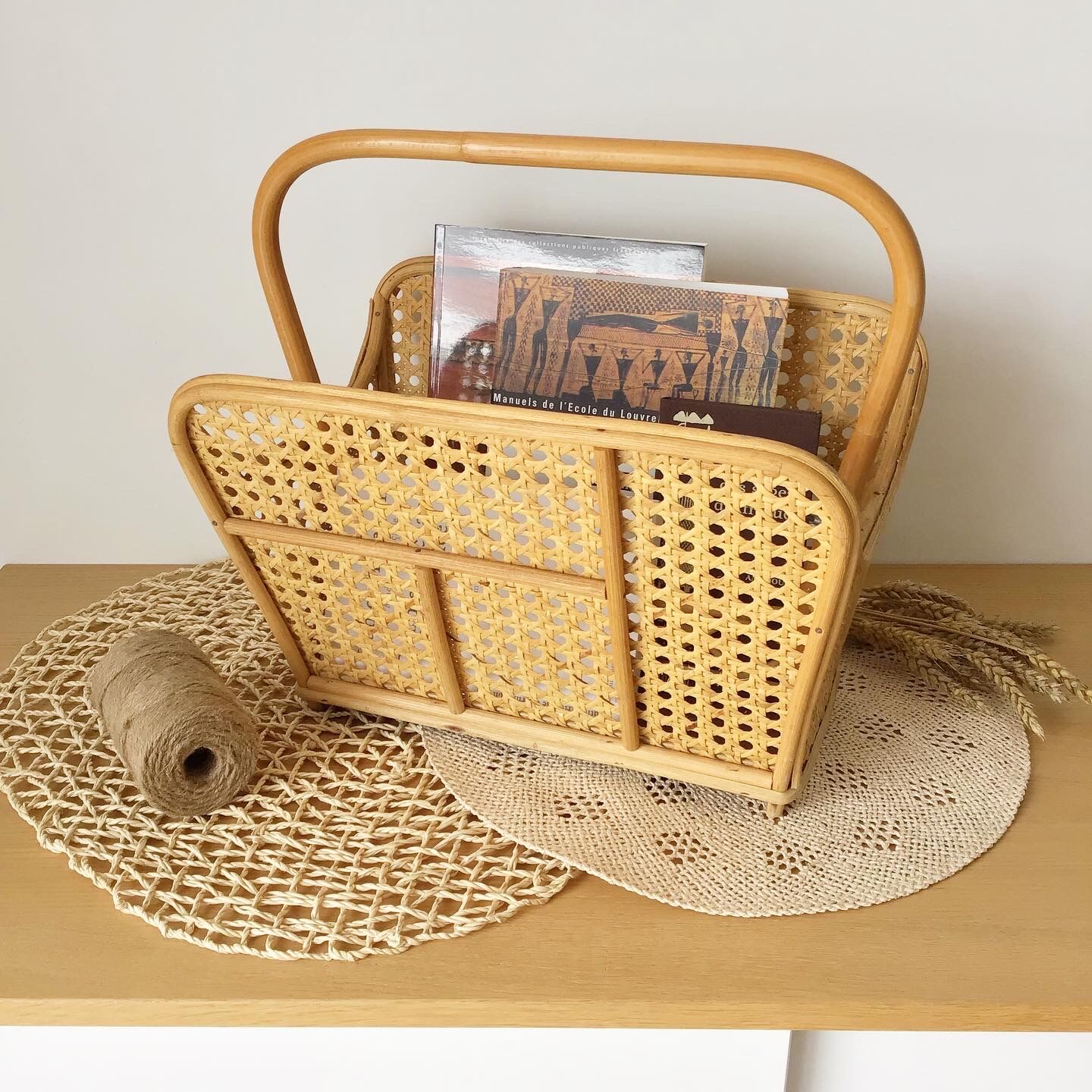 Vintage rattan and canning magazine holder