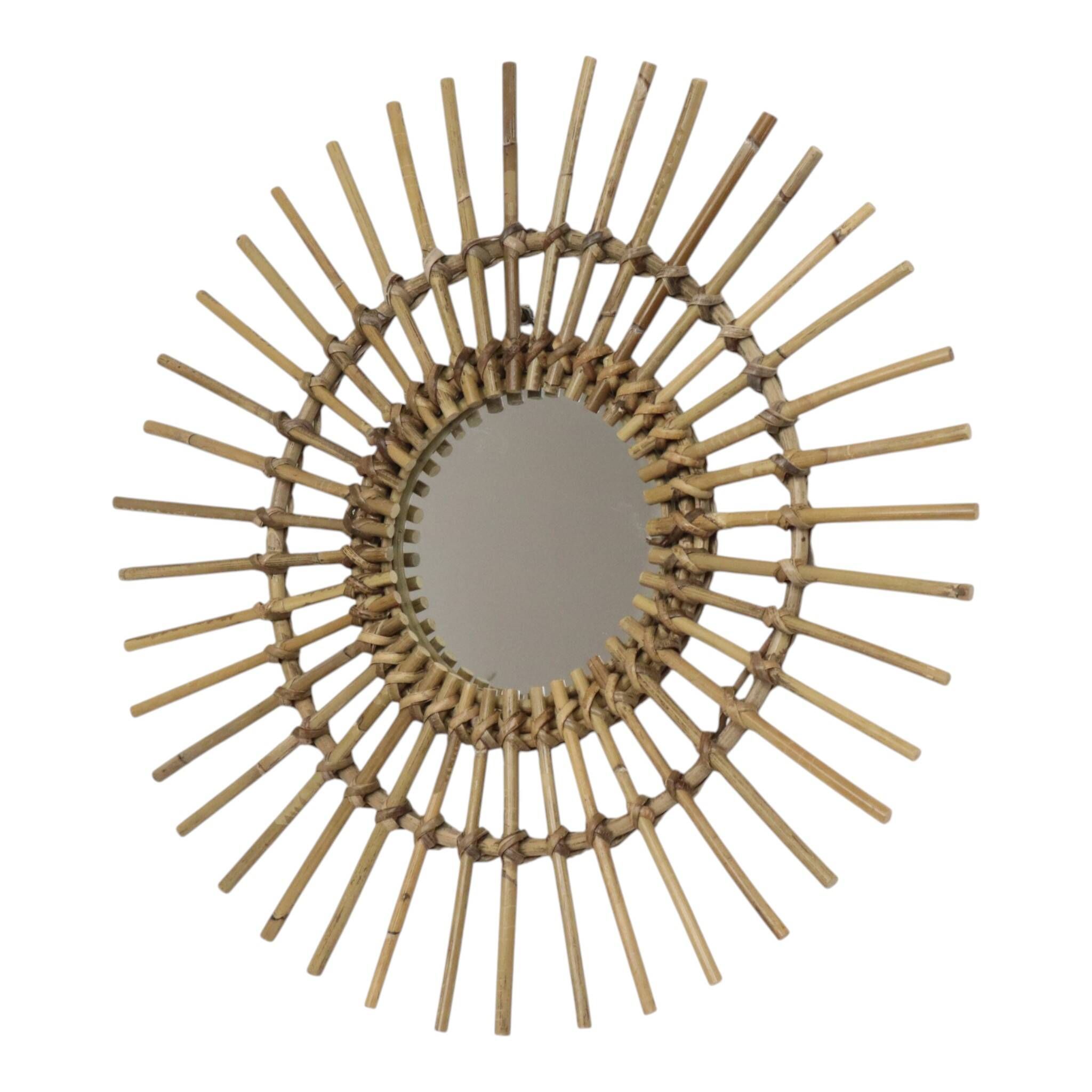 Miroir en rotin et bambou en forme de soleil du milieu du siècle, France, 58 cm