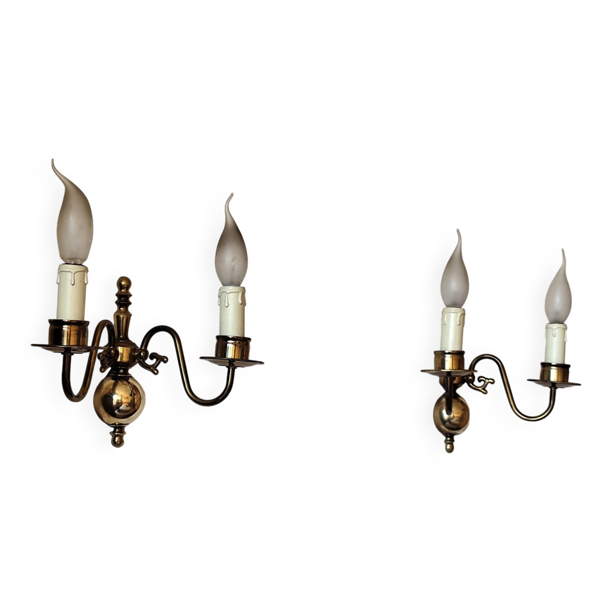 Pair of Dutch style 2-light brass wall lights