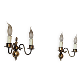 Pair of Dutch style 2-light brass wall lights