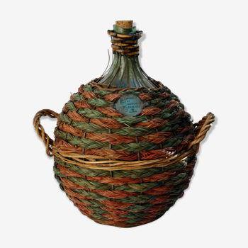 Dame jeanne habillée d'osier vert et ocre, 10 litres