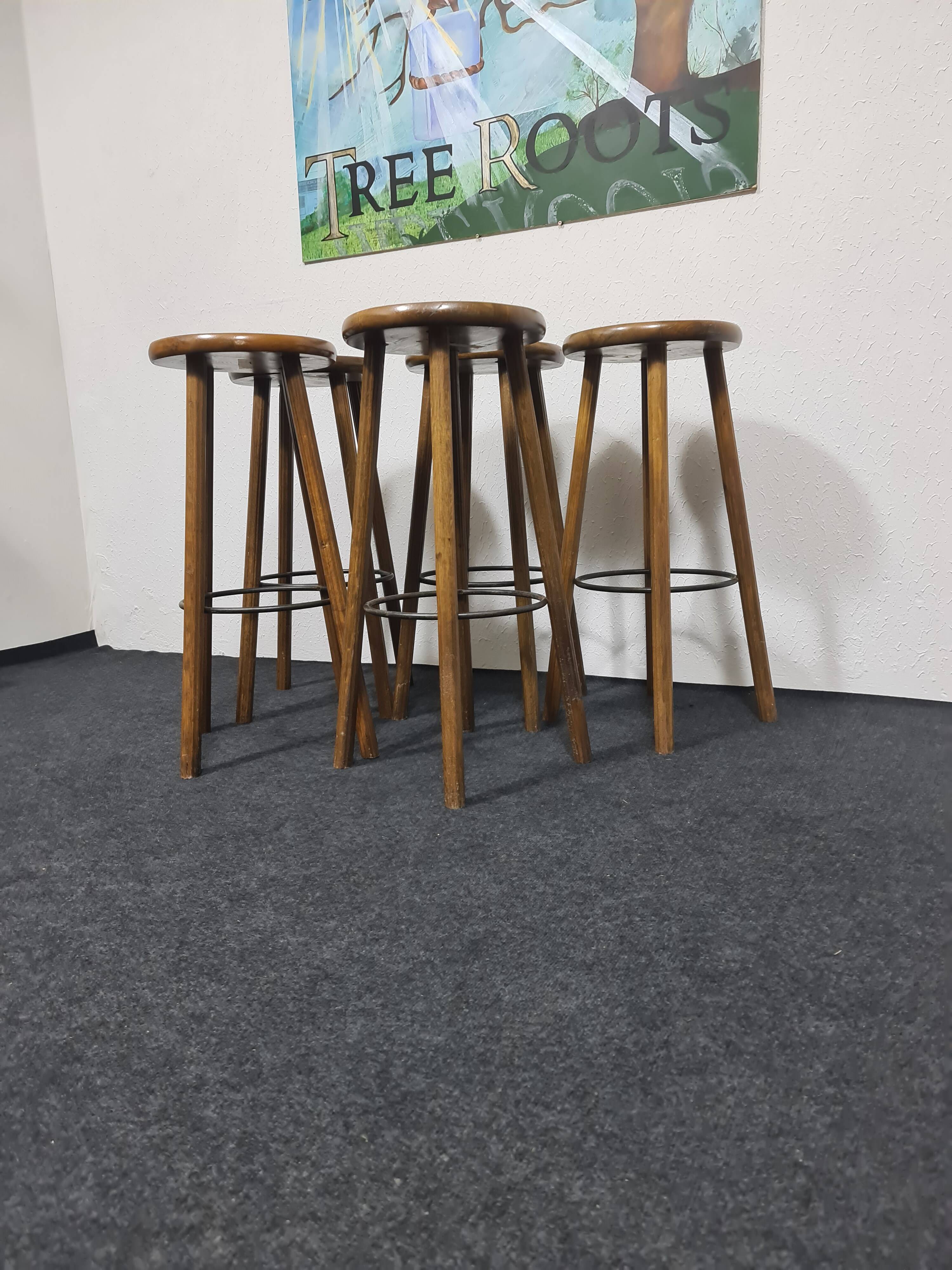 Five vintage oak bar stools