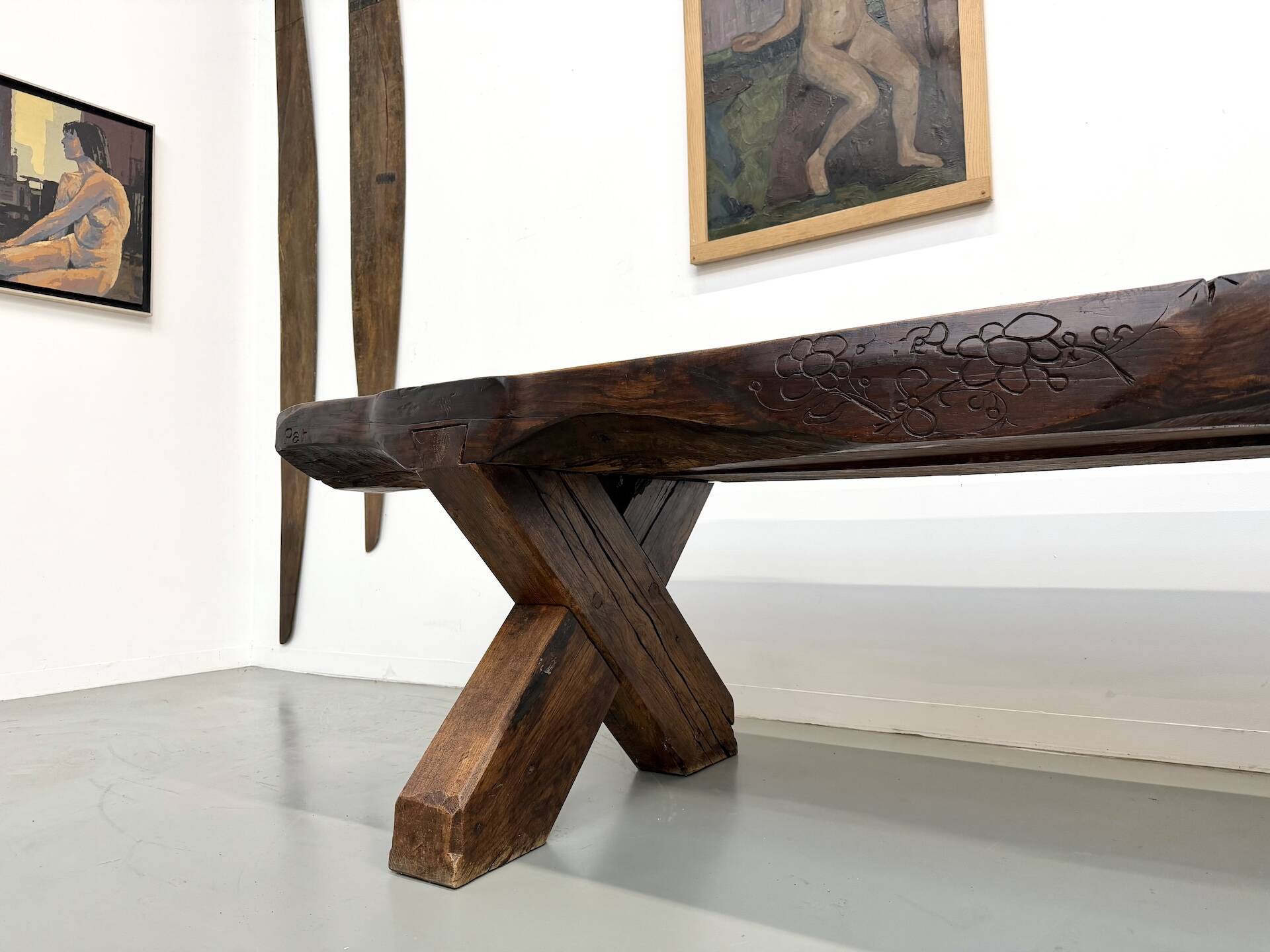 Table Brutaliste en Chêne Massif, Art Populaire (Vers 1900)