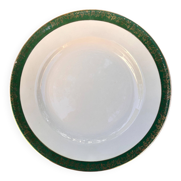 Plat rond faïence Digoin Sarreguemines Berry vert et frise dorée