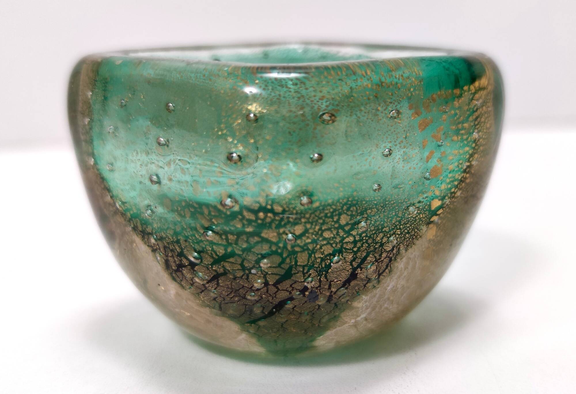 Green Gold Flecked Sommerso Glass Bonbonnière / Trinket Bowl by Venini, Ita