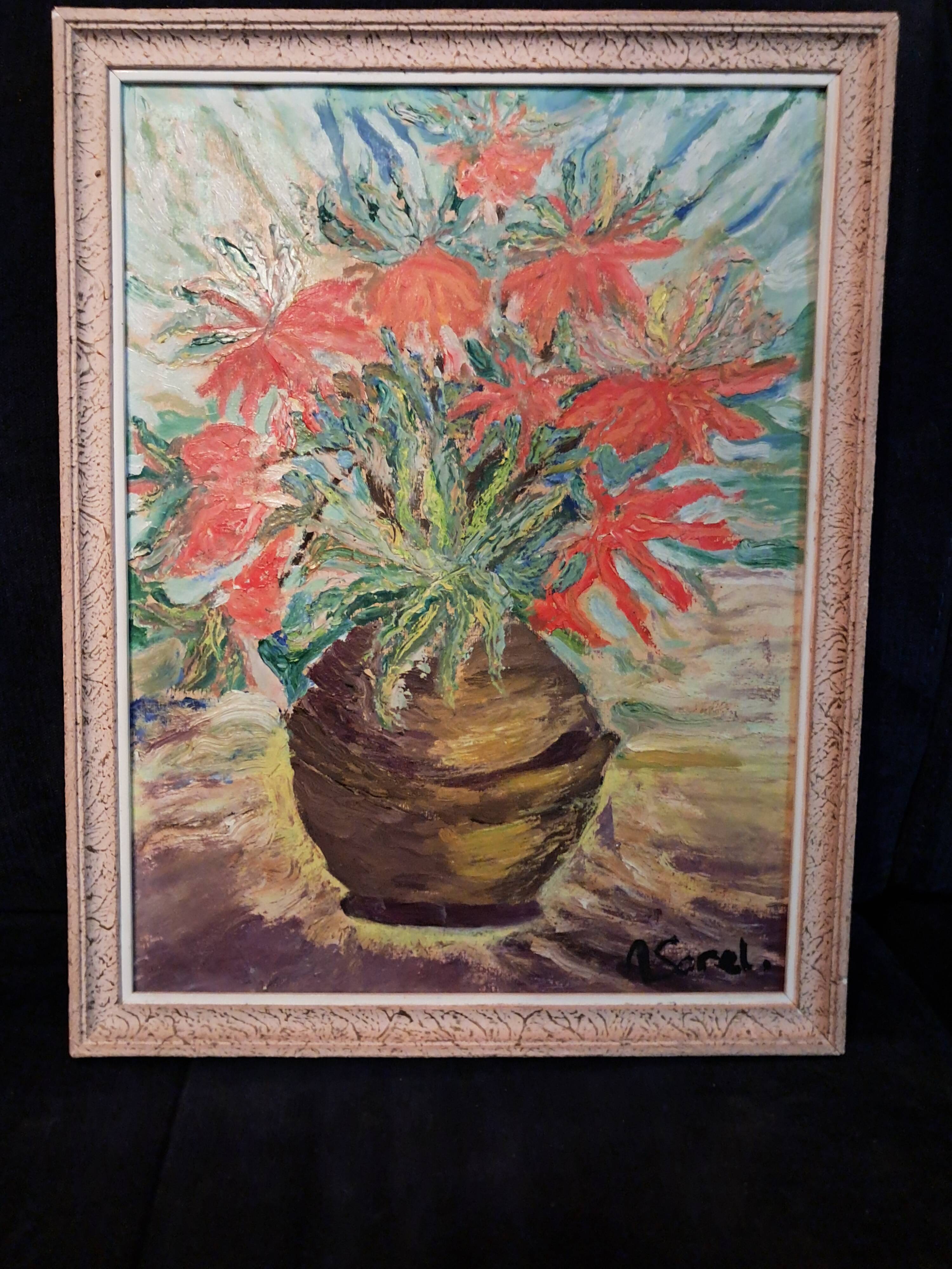 Tableau ancien à l'huile représentant un bouquet de fleurs