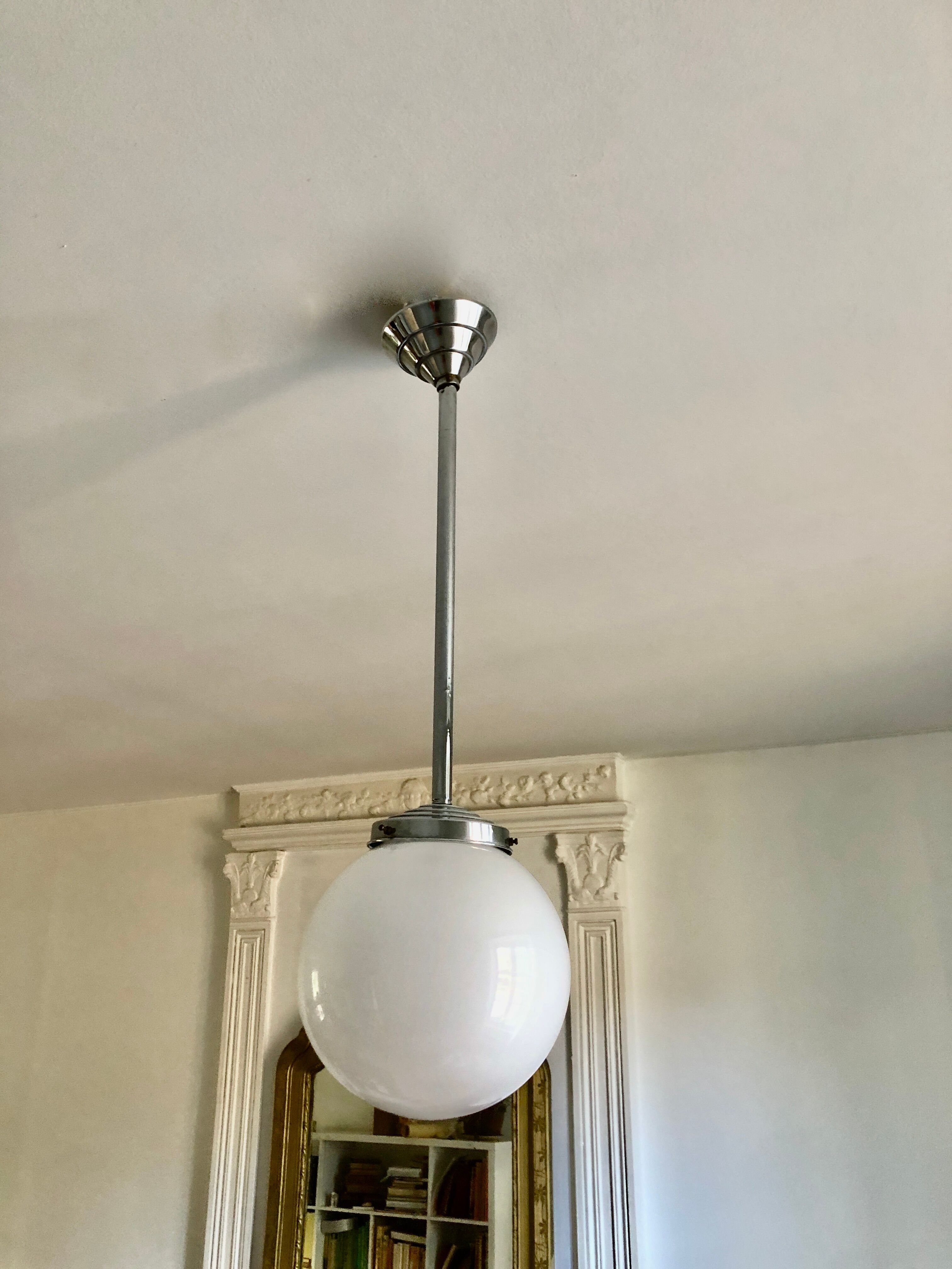 Minimalist chrome and opaline pendant lamp 1950