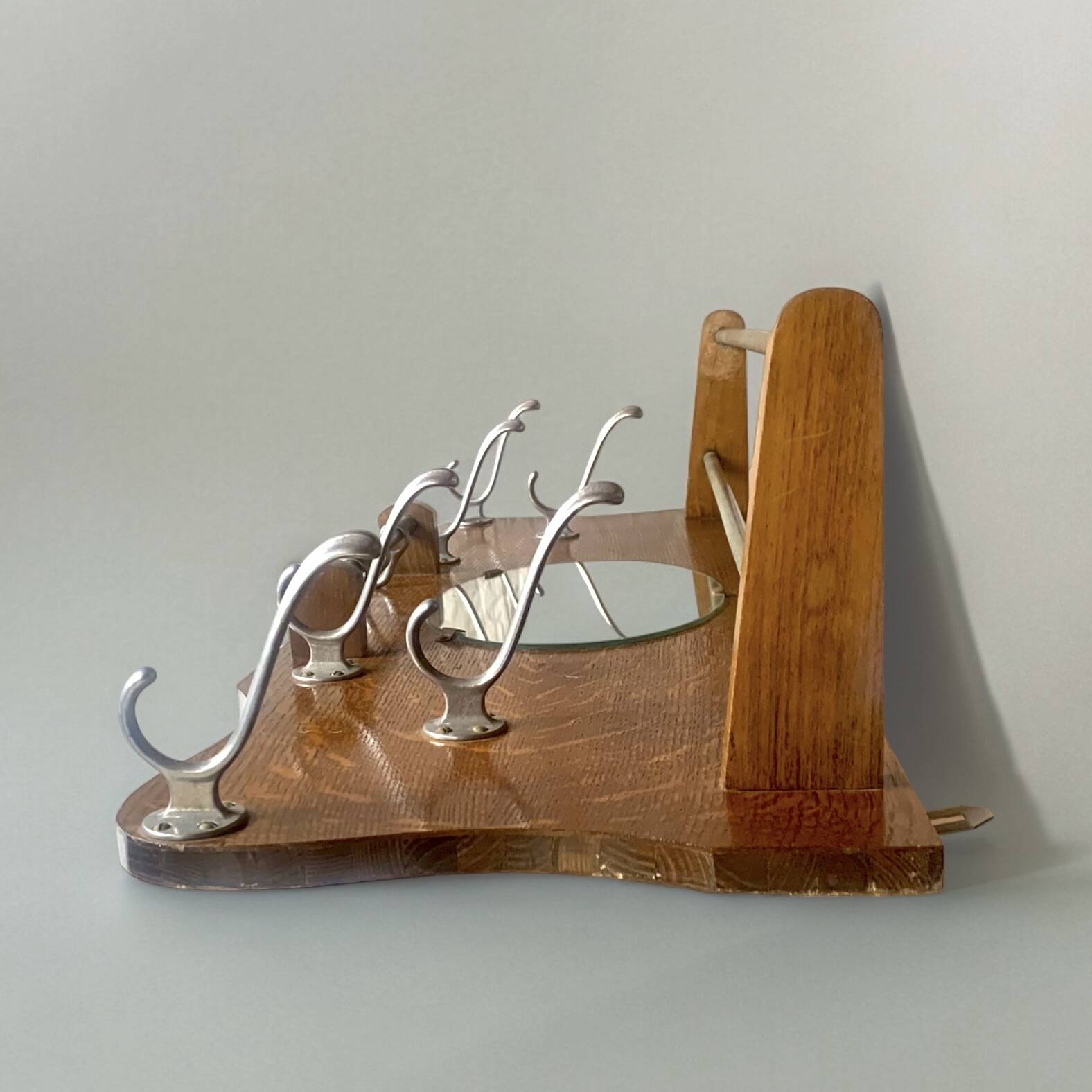 Large Art Deco wooden wall coat rack with mirror and hat rack