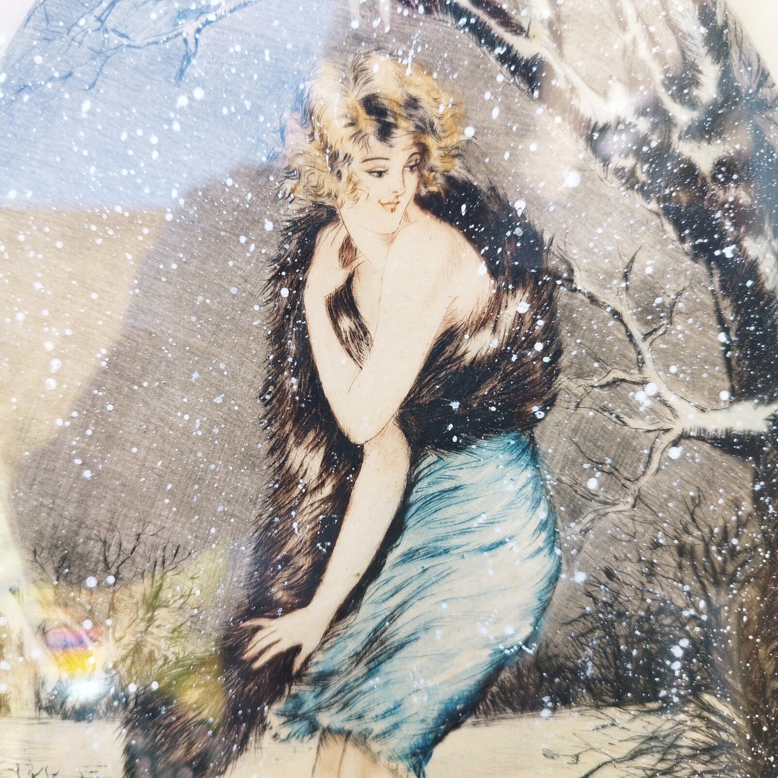 Engraving woman in the snow Art Deco J.Dorval