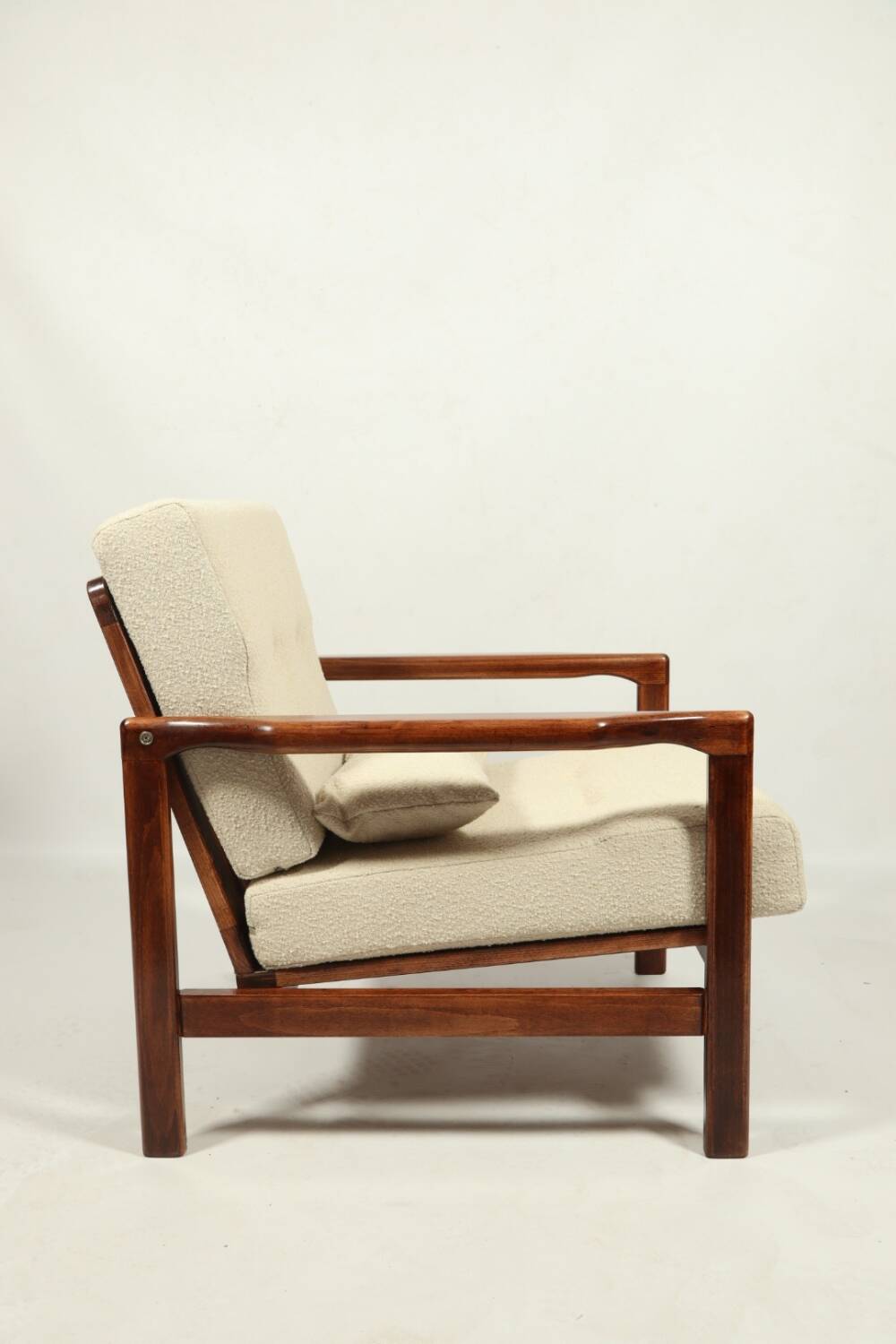 Vintage dark wood beige bouclé armchair by Z.Baczyk 1965