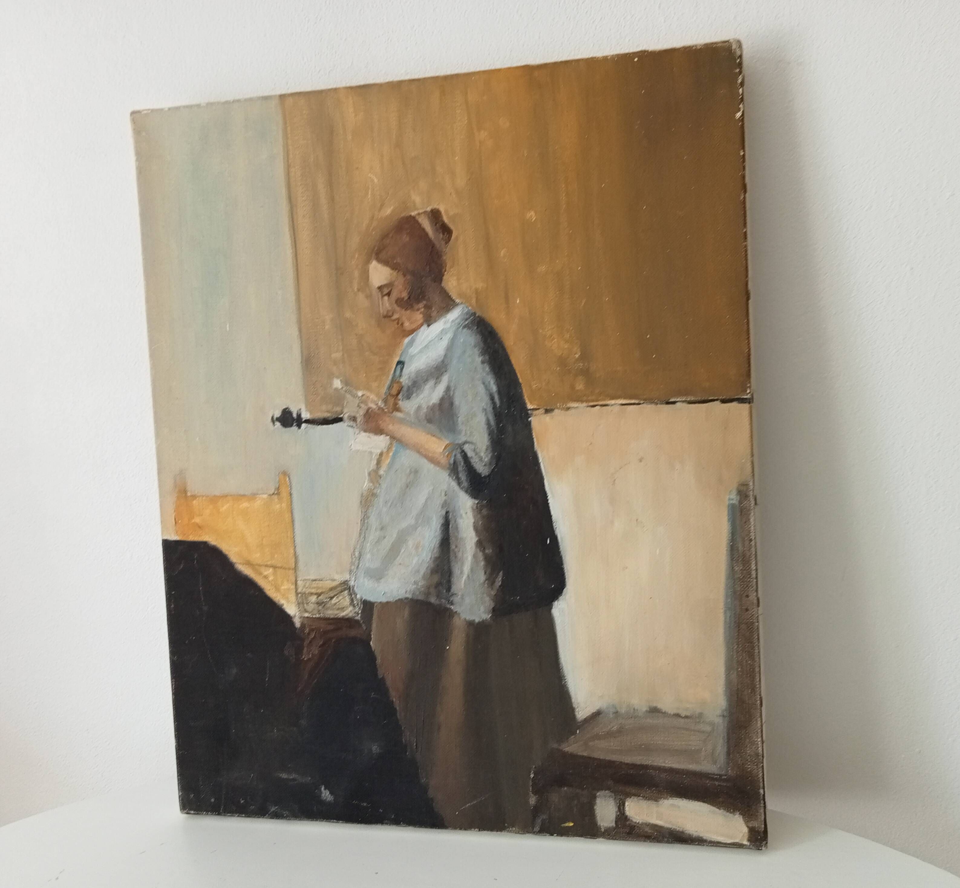 Oil on canvas "Woman in Blue Reading a Letter" after Vermeer