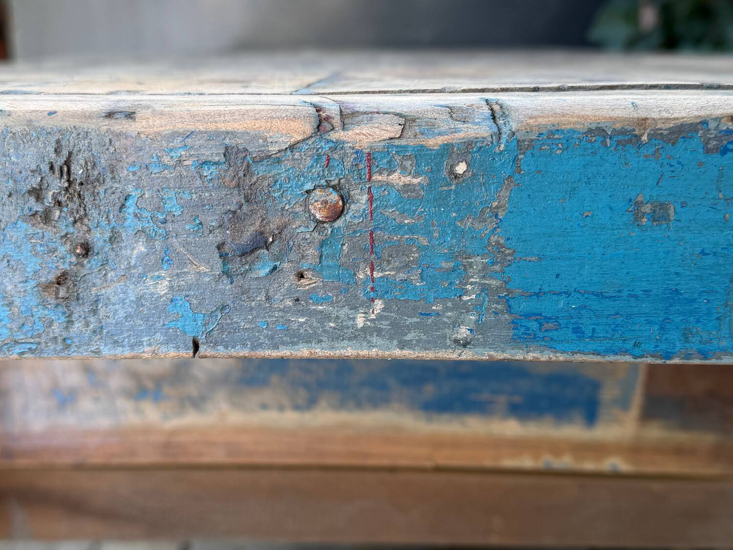 Blue patina beech drawer console established in 1940.